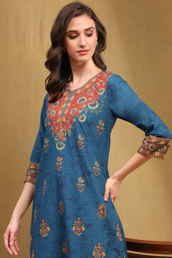 Navy Blue Cotton Printed Straight Kurta image number 1