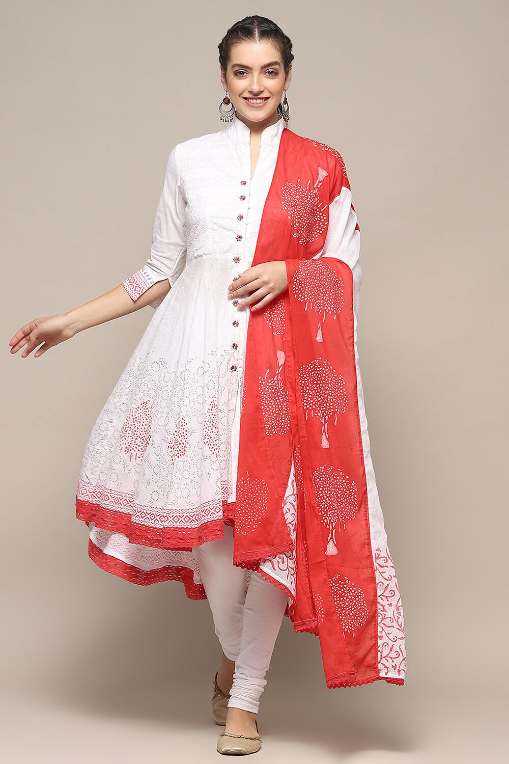 White Cotton Asymmetric Anarkali & Churidar Suit Set image number 7