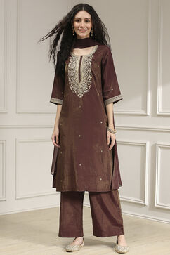 Wine Viscose Rayon Straight Solid Suit Set image number 6