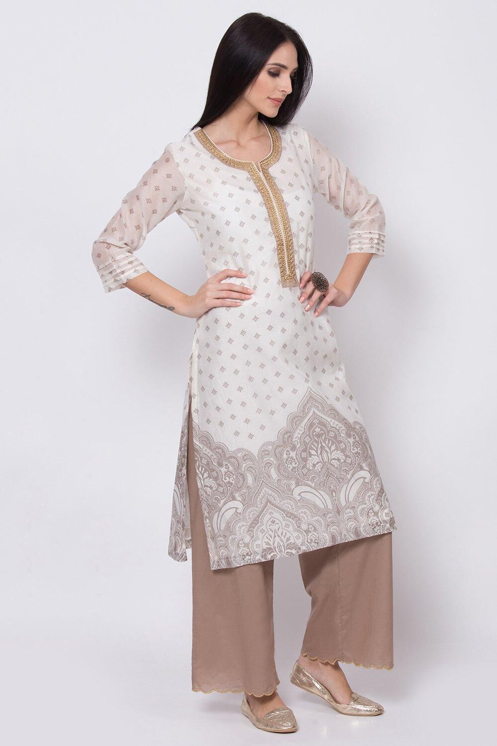 Off White Relaxed Kurta Palazzo Suit Set image number 5