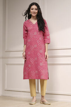Pink Cotton Straight Printed Kurta image number 4