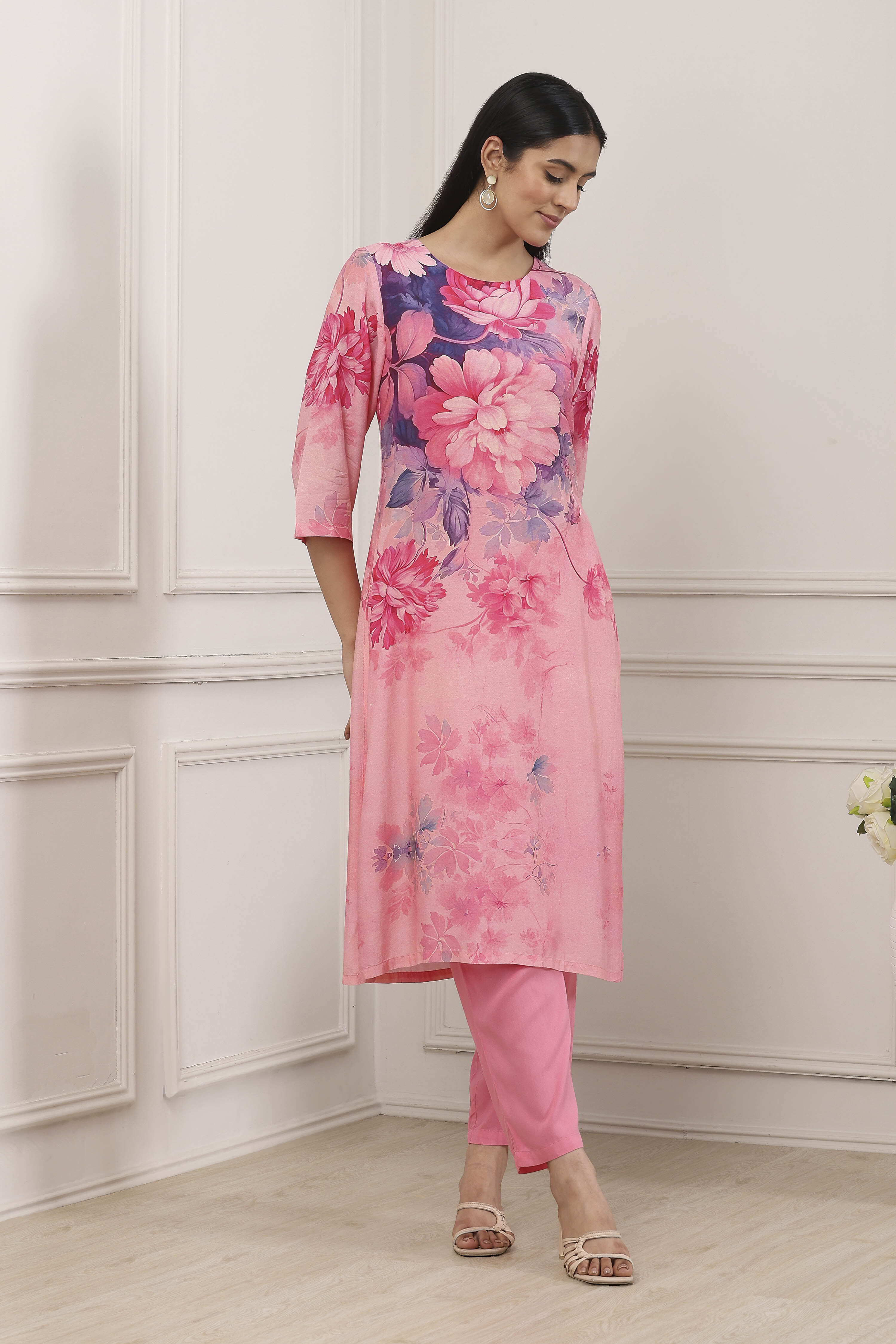 Pink Viscose Modal Straight Kurta Pants Set image number 0