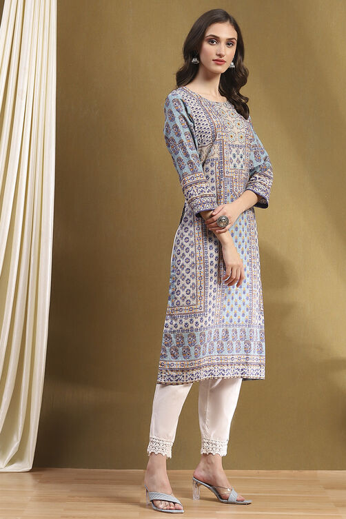 Blue Cotton Printed Straight Kurta image number 4