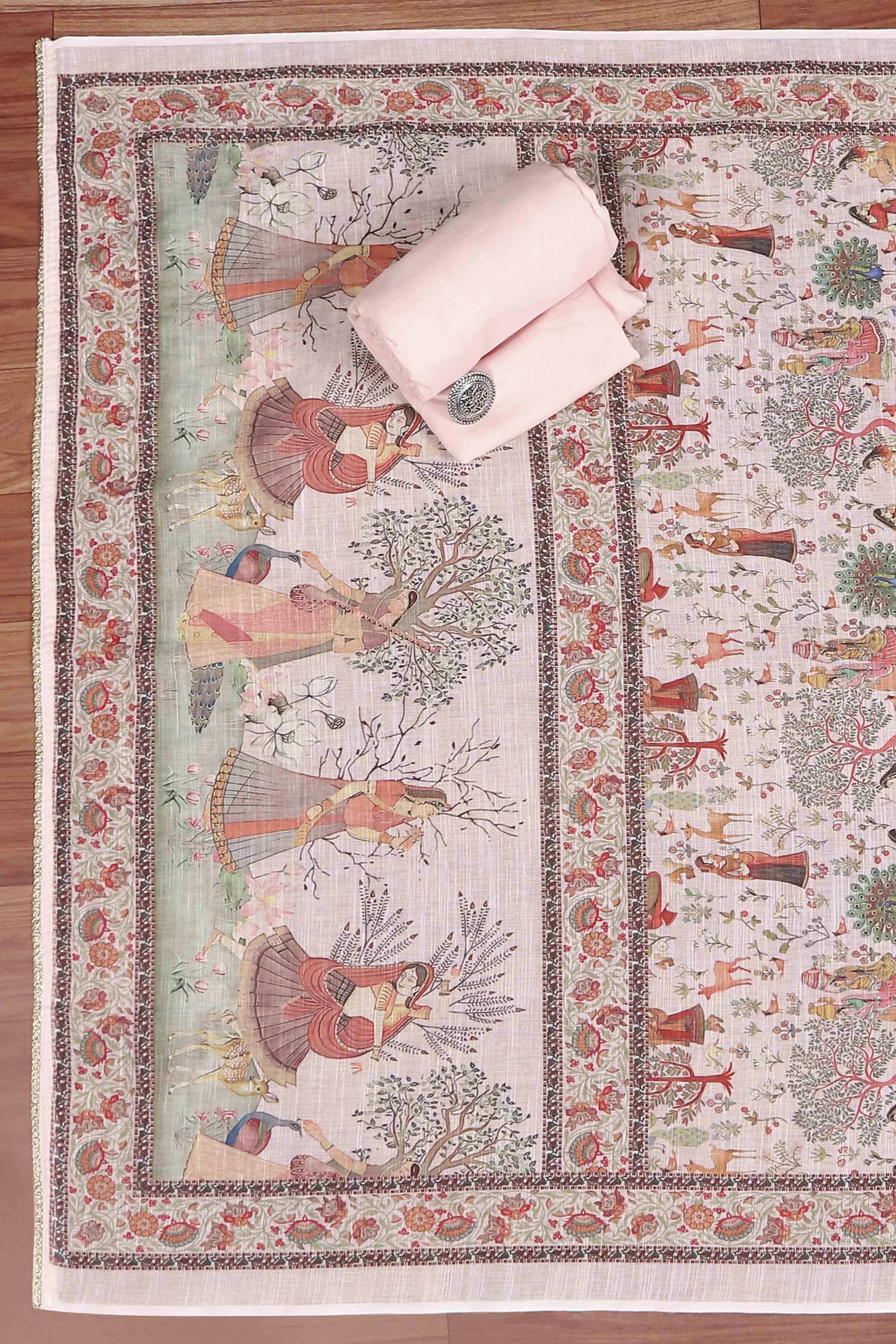 Pink Cotton Printed Embroidered Unstitched Suit Set image number 3