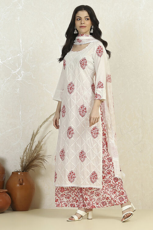 White Pink Cotton Hand Block Print Unstitched Suit Set image number 4