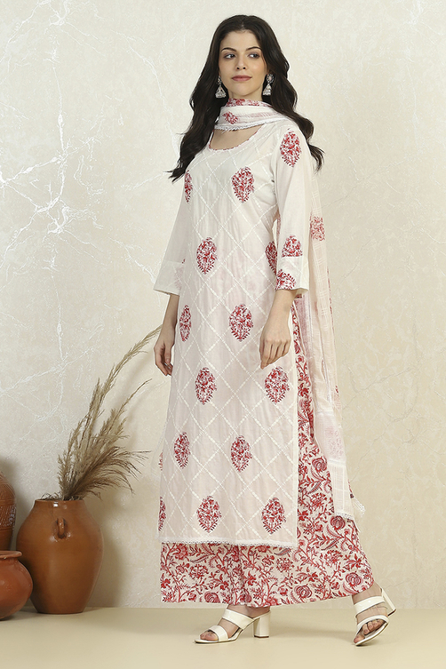 White and Blue Cotton Printed Unstitched Suit Set image number 4