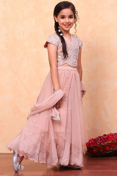 Peach-Toned Poly Chanderi Embellished Straight Lehenga Set image number 4