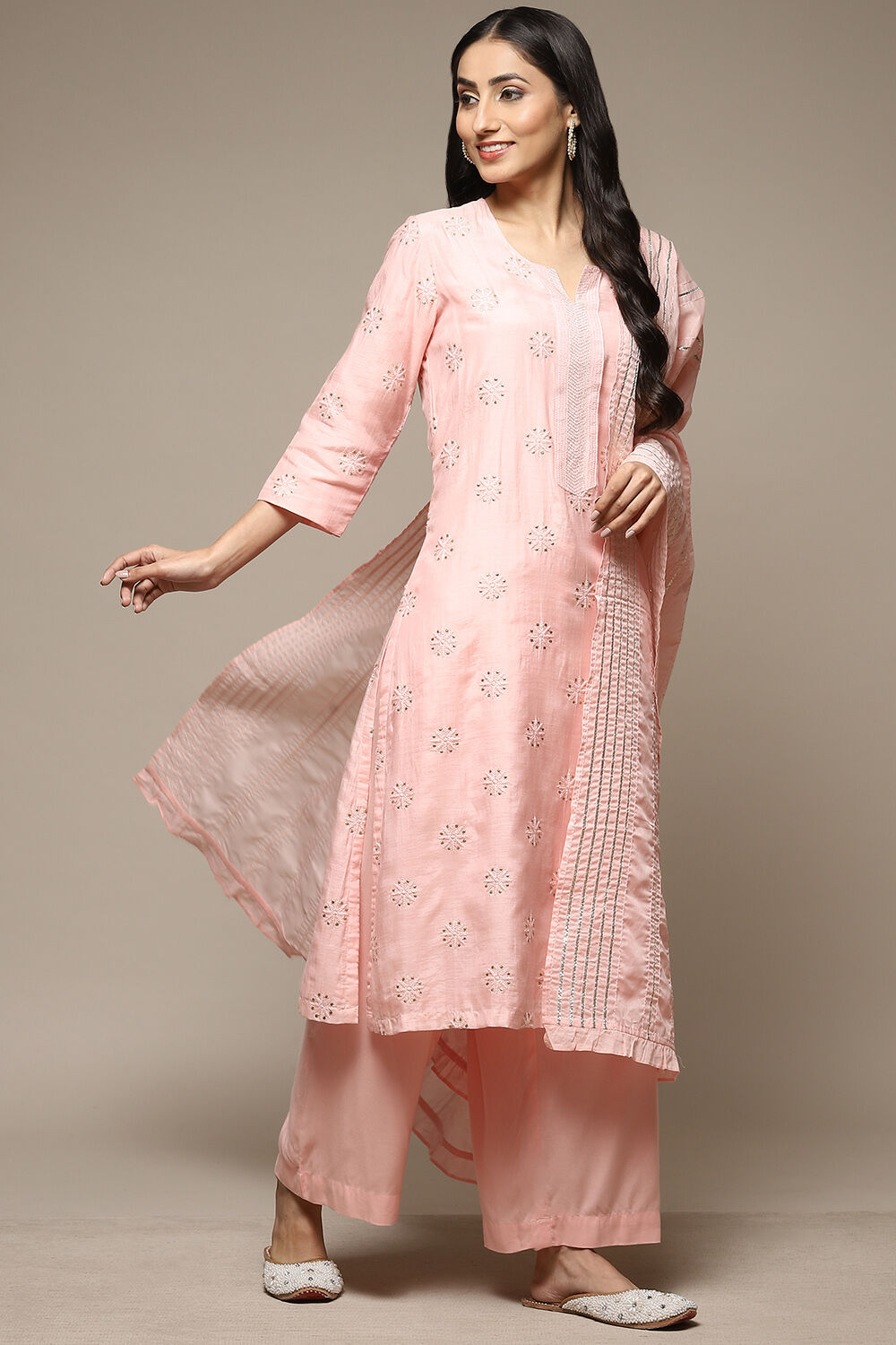 Powder Pink Cotton Blend Straight Kurta Palazzo Suit Set image number 0