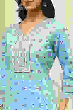 Blue Cotton Screen Print Unstitched Suit Set image number 2