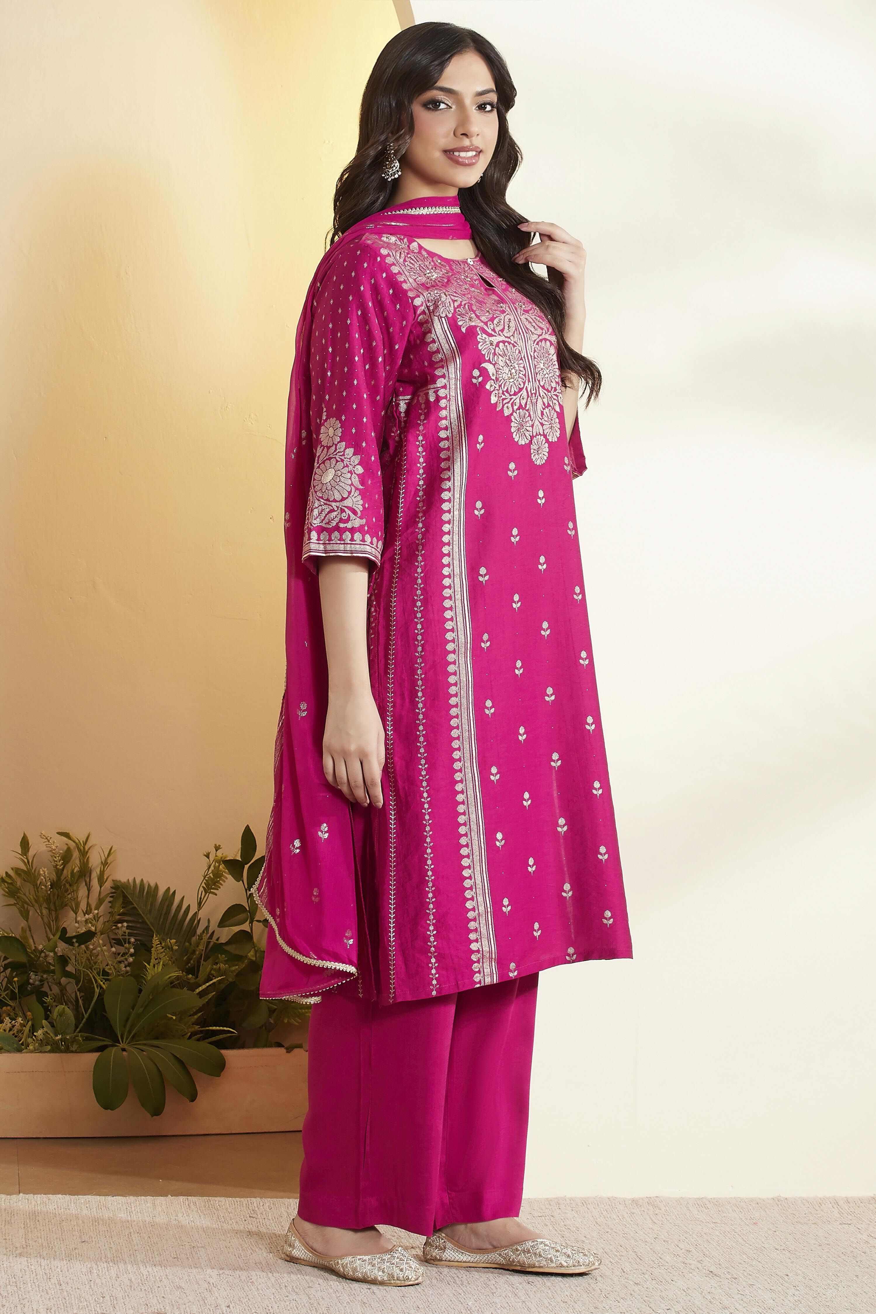 Magenta Viscose Blend Straight Suit Set image number 5