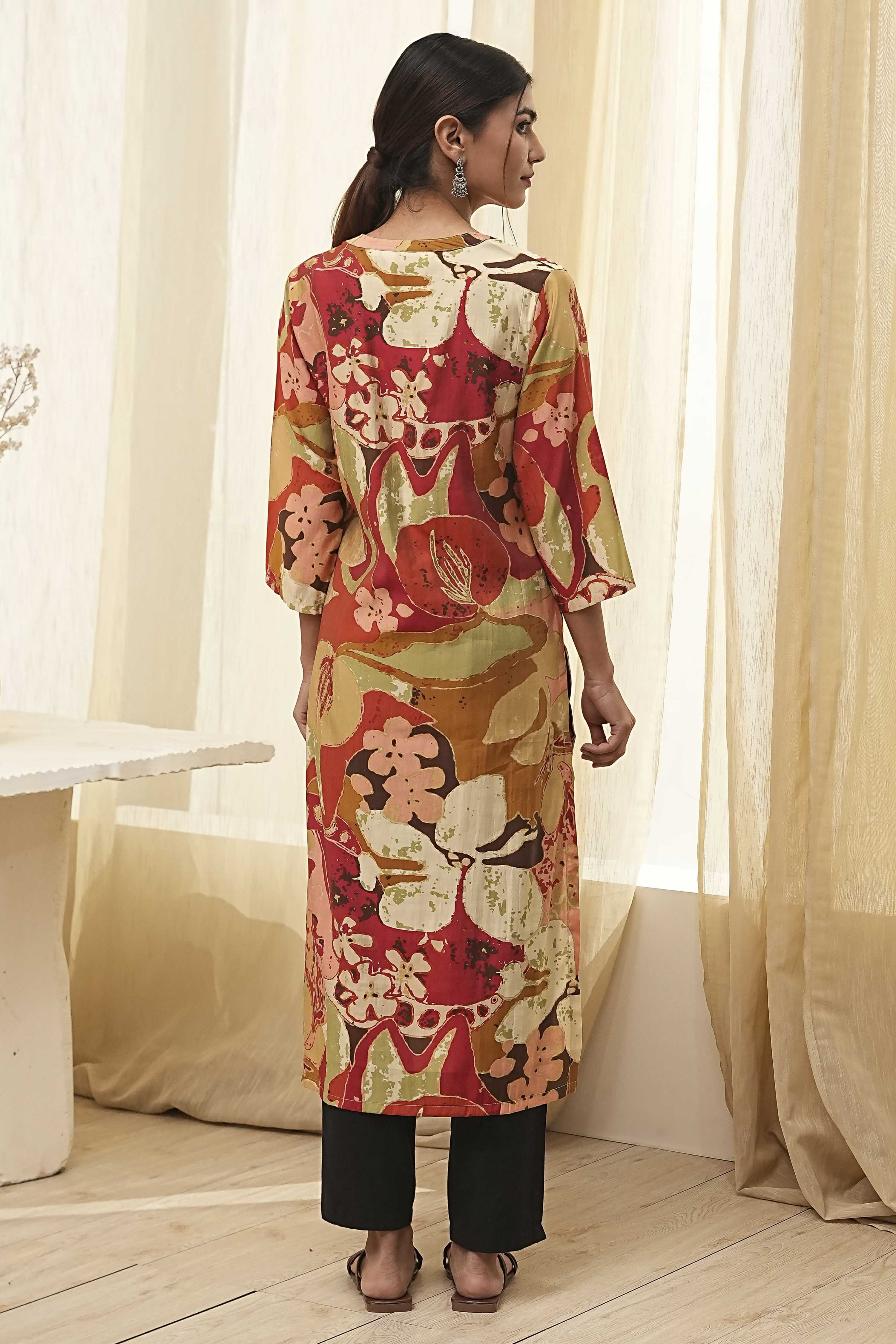 Rust Printed Straight Kurta image number 3