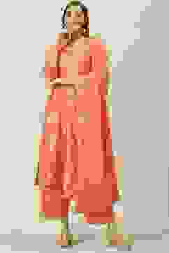 Peach Printed Cotton Straight Kurta Palazzo Suit Set image number 7
