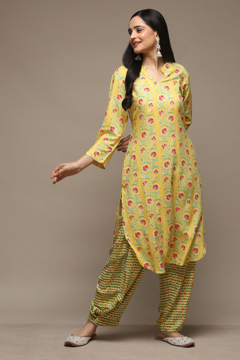 Yellow Rayon Straight Kurta Pants Suit Set image number 0
