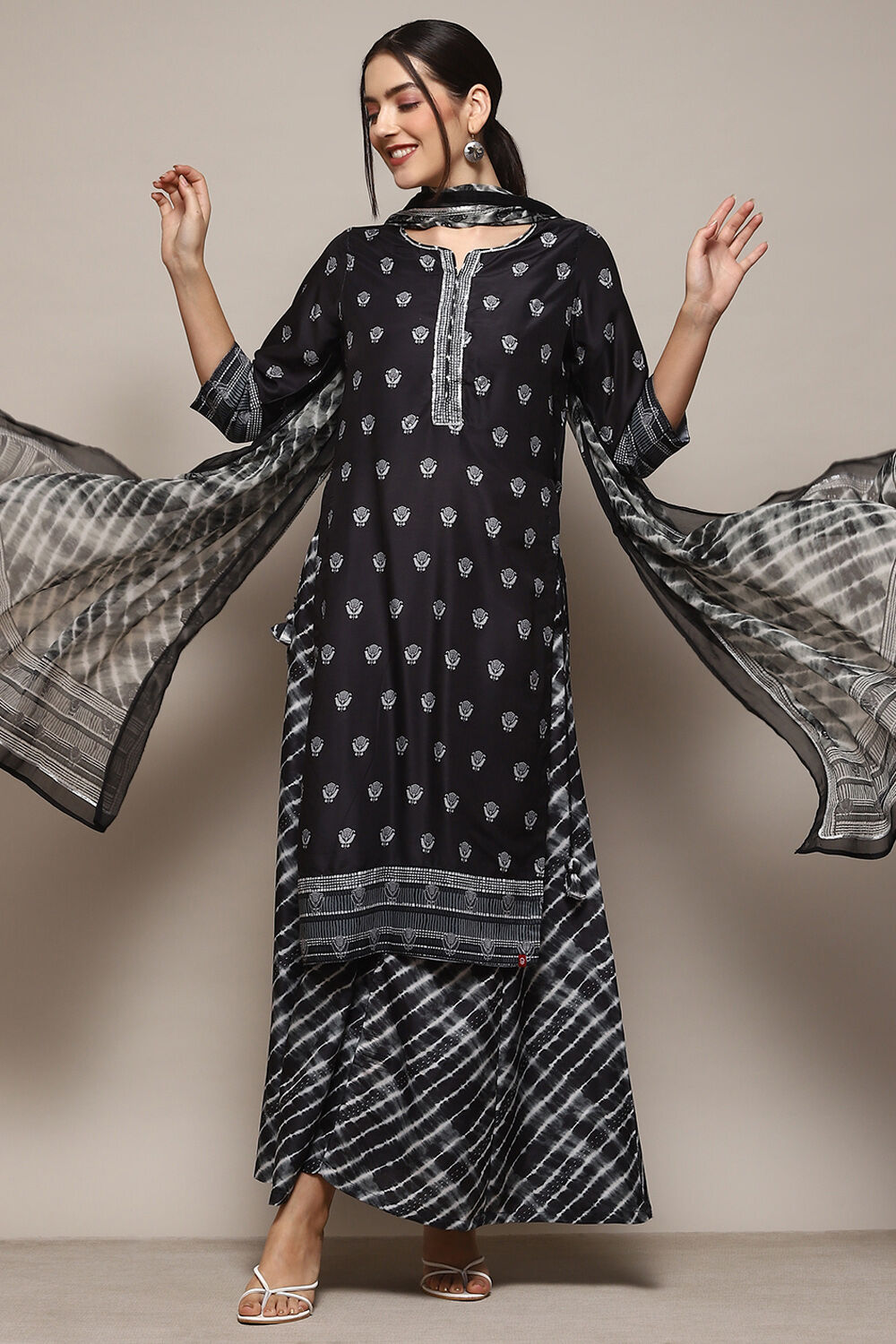 Black Poly Musin Relaxed Kurta Sharara Suit Set image number 0