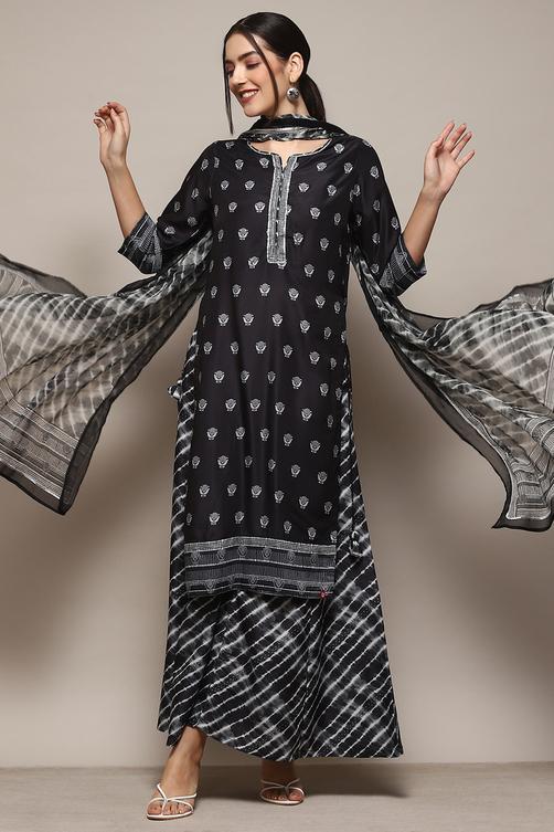 Black Poly Musin Relaxed Kurta Sharara Suit Set image number 0