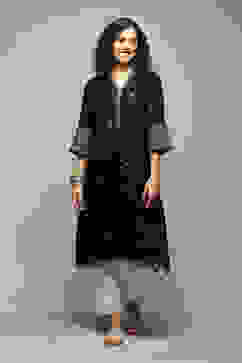 Black Poly Cotton Flared Yarndyed Kurta image number 5