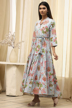 Light Blue Cotton Floral Tiered Dress image number 2