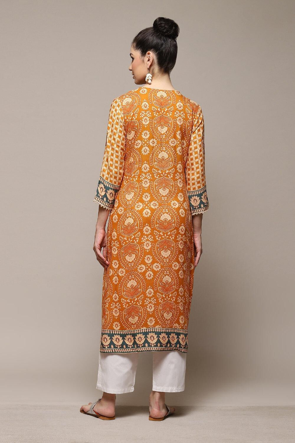 Burnt Orange LIVA Straight Printed Kurta image number 4