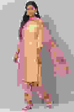 Yellow And Pink Poly Viscose Asymmetric Kurta Pant Suit Set image number 3