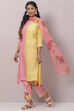 Sea Green And Pale Yellow Poly Viscose Asymmetric Kurta Pant Suit Set image number 3
