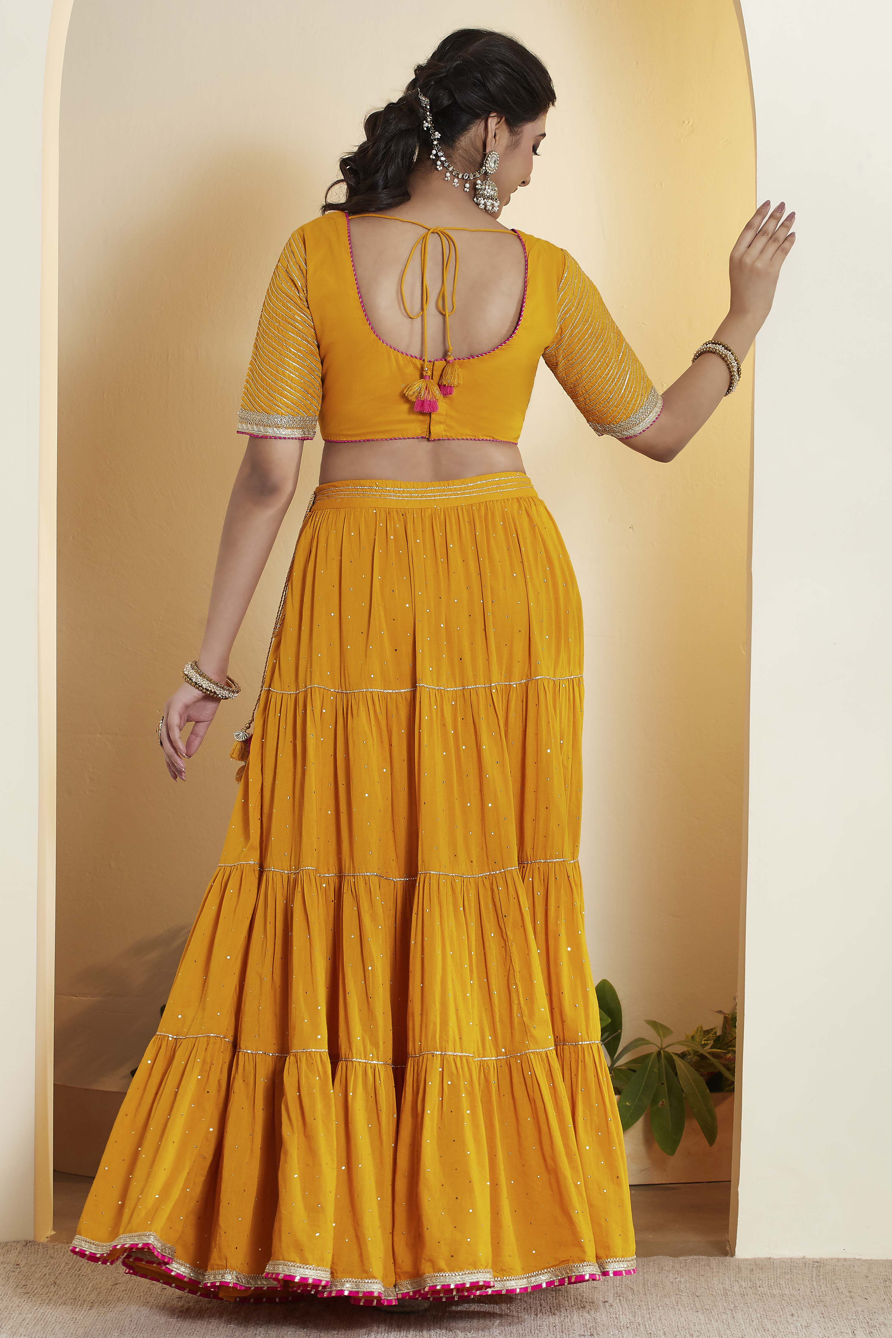 Mustard Cotton Gathered Lehenga Set image number 6