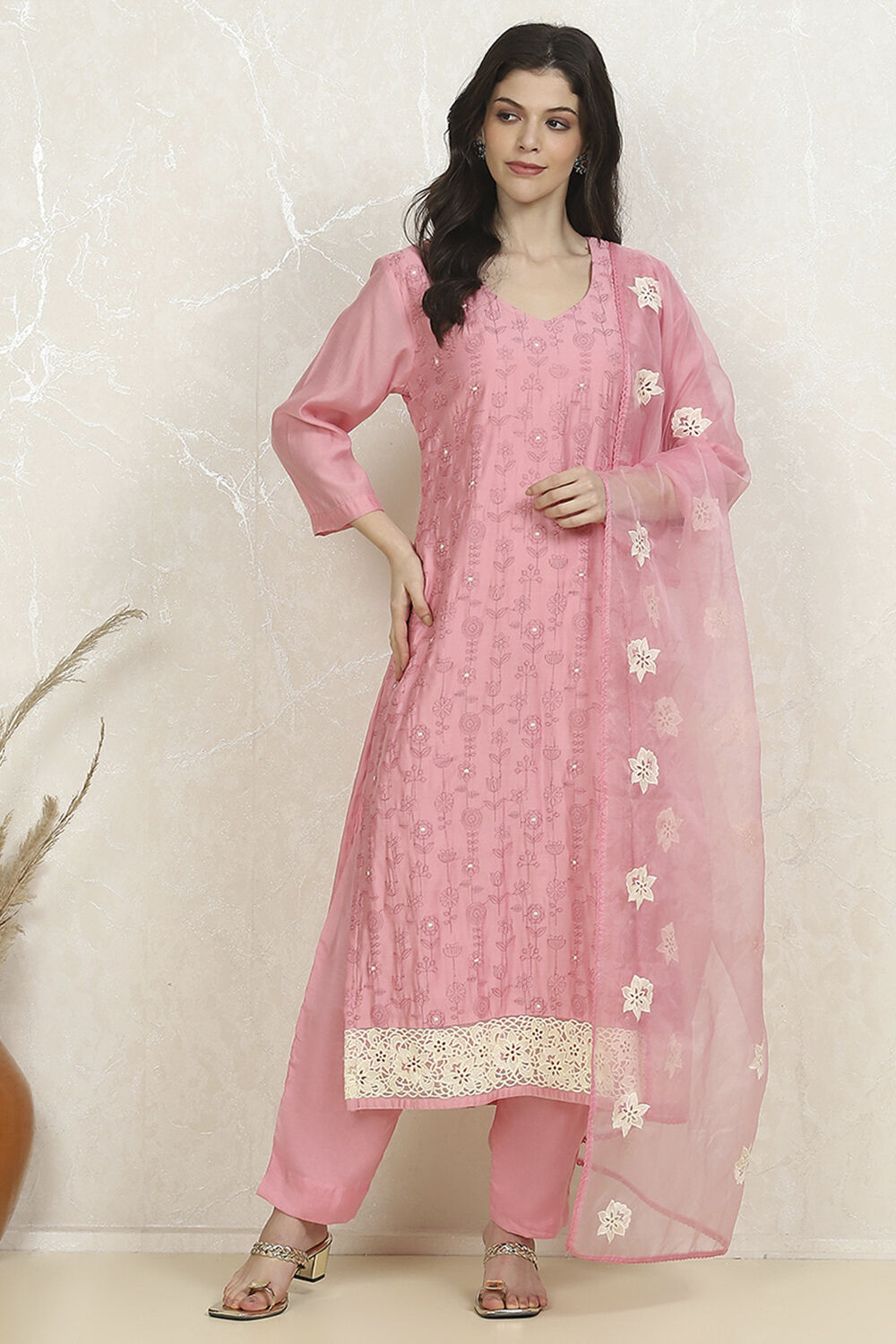 Pink Silk Blend Machine Embroidered Unstitched Suit Set image number 7