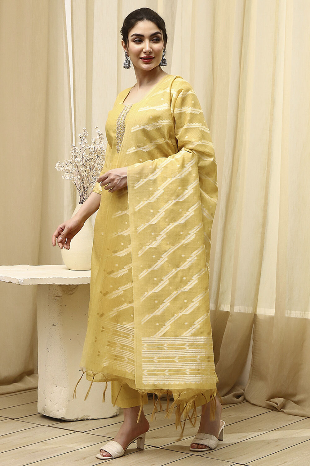Mustard Chanderi Jamdani Unstitched Suit Set image number 4