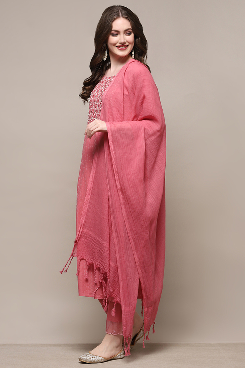 Peach-Colored Cotton Embroidered Unstitched Suit set image number 5