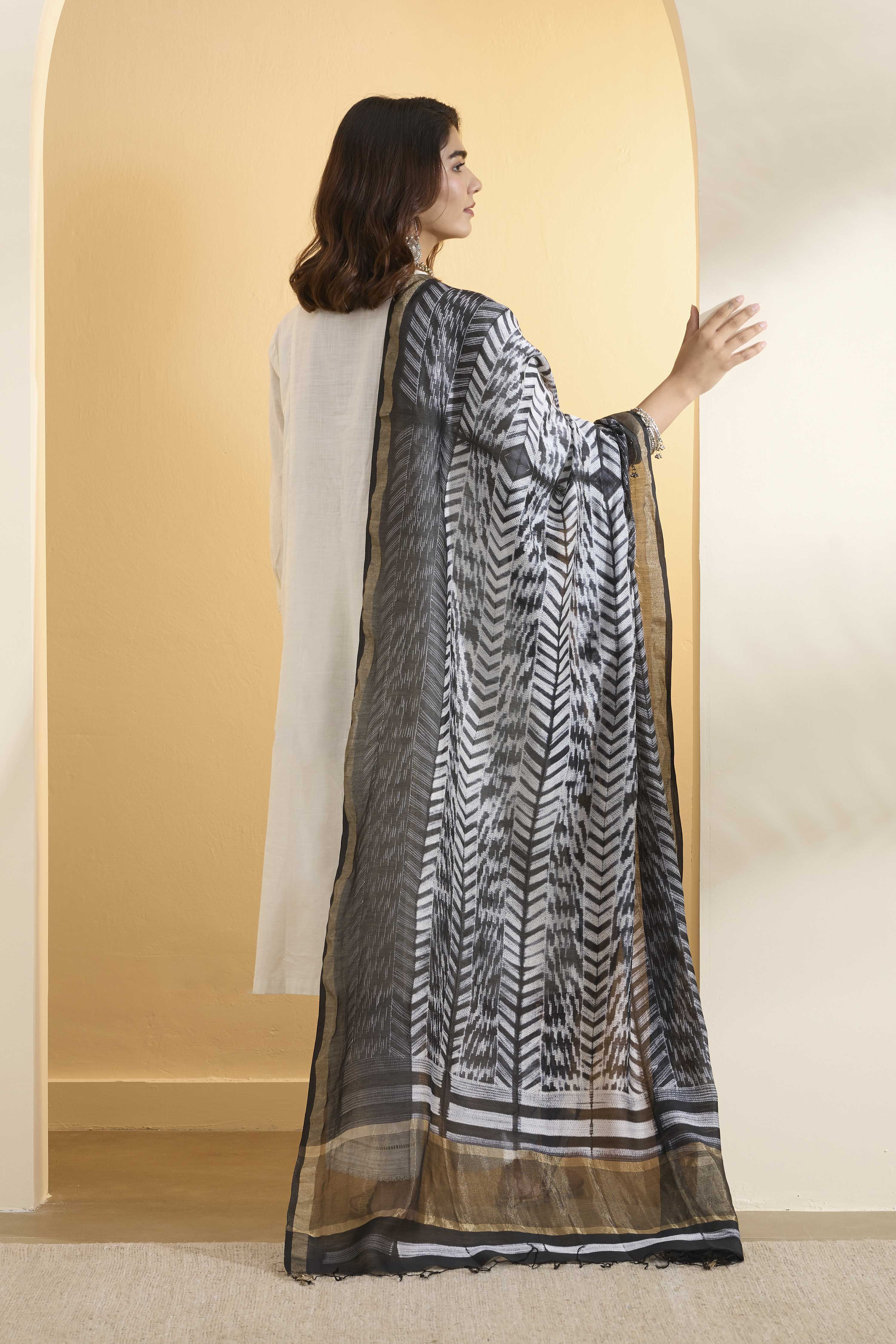 White & Black Chanderi Ajrakh Dupatta image number 2
