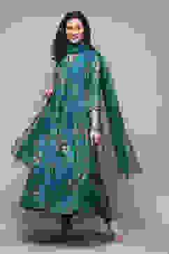 Peacock Green Polyester Anarkali Kurta Churidar Suit Set image number 7