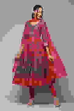 Crimson Red Cotton Anarkali Kurta Churidar Suit Set image number 0