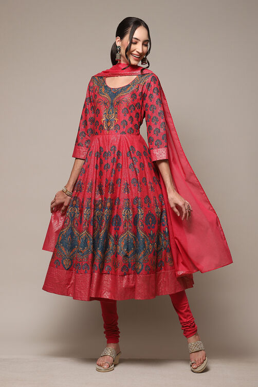 Green Cotton Anarkali Kurta Churidar Suit Set image number 0