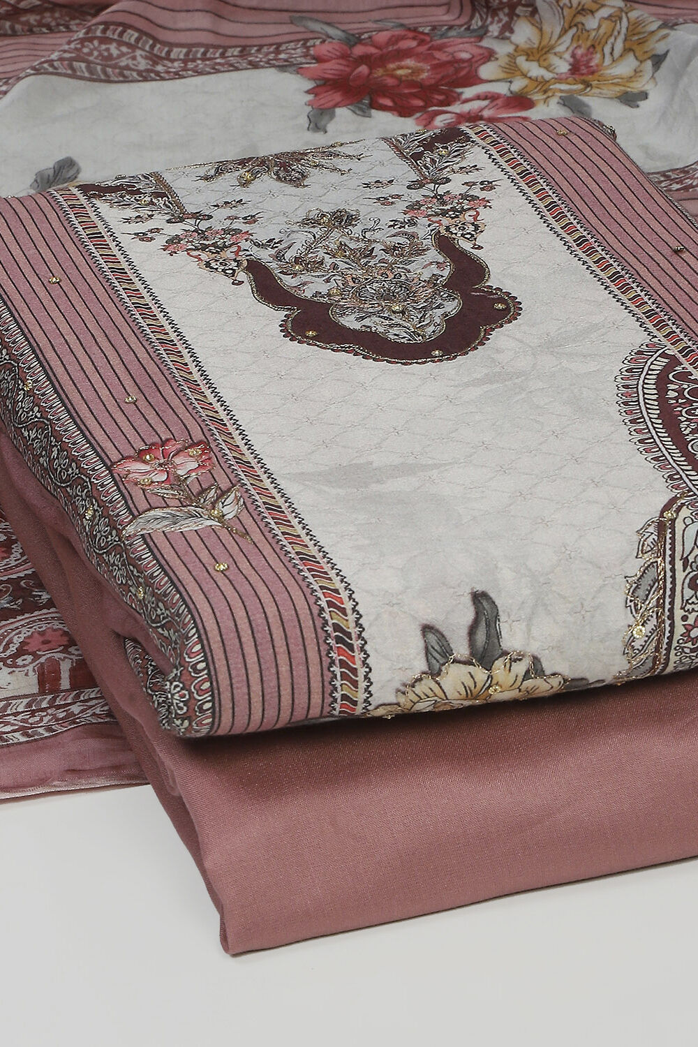 Wine Muslin Unstitched Suit Set image number 5