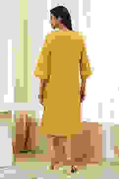 Ochre Yellow Cotton Solid Straight Kurta image number 3