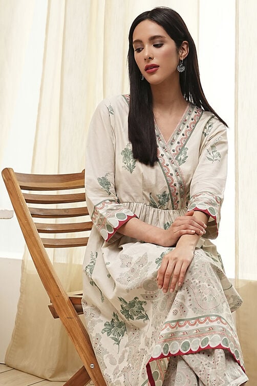 Beige and Green Cotton Angrakha Anarkali Kurta Set image number 0