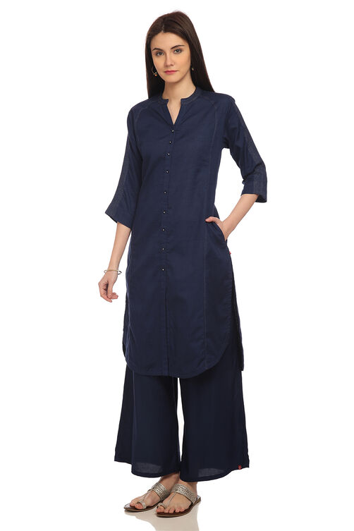 Red Front Open Cotton And Flax Solid Kurta image number 3