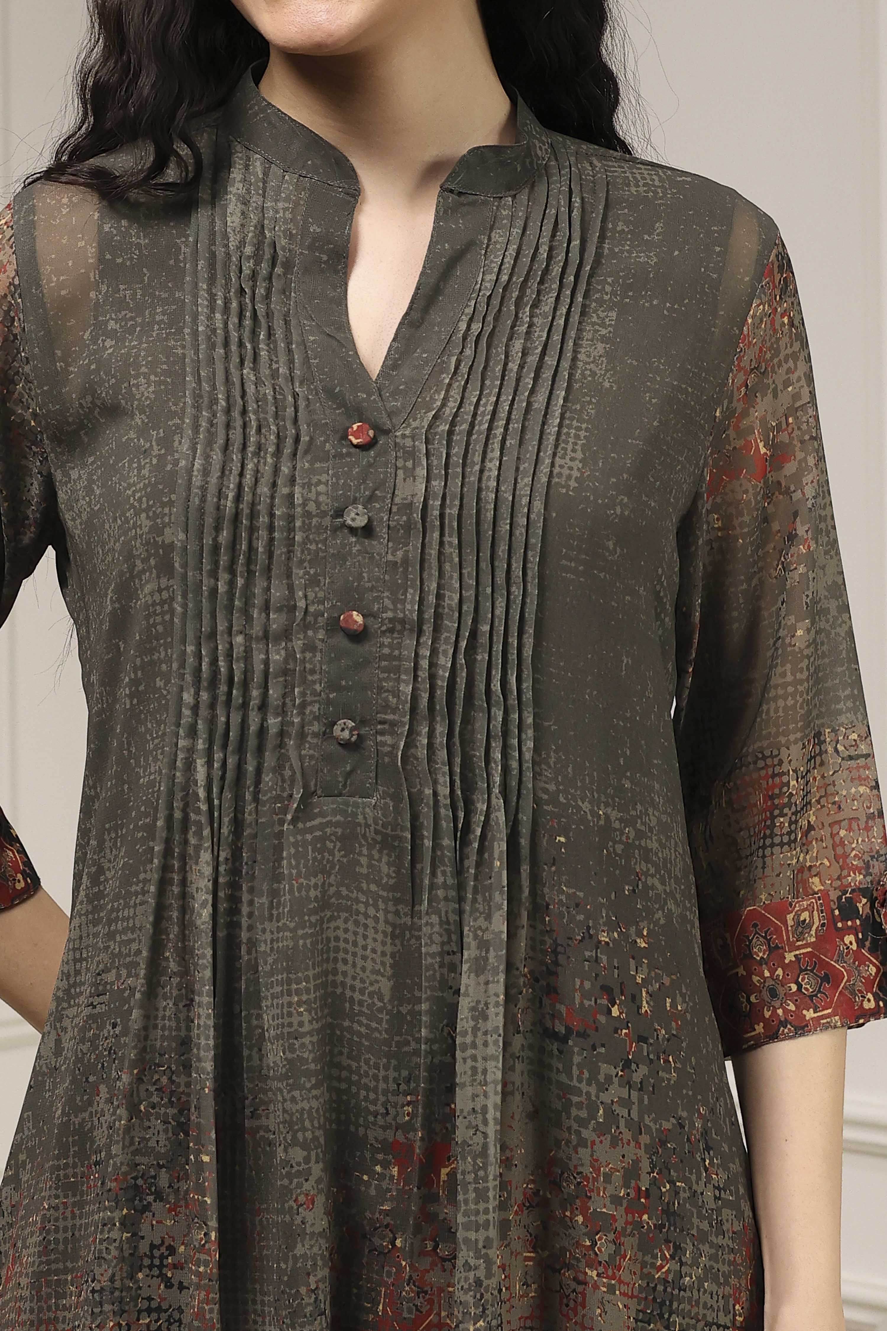 Charcoal and Rust Printed Pleated A-Line Kurta image number 1