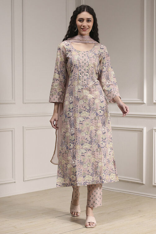 Purple Cotton Printed Embroidered Unstitched Suit Set image number 1