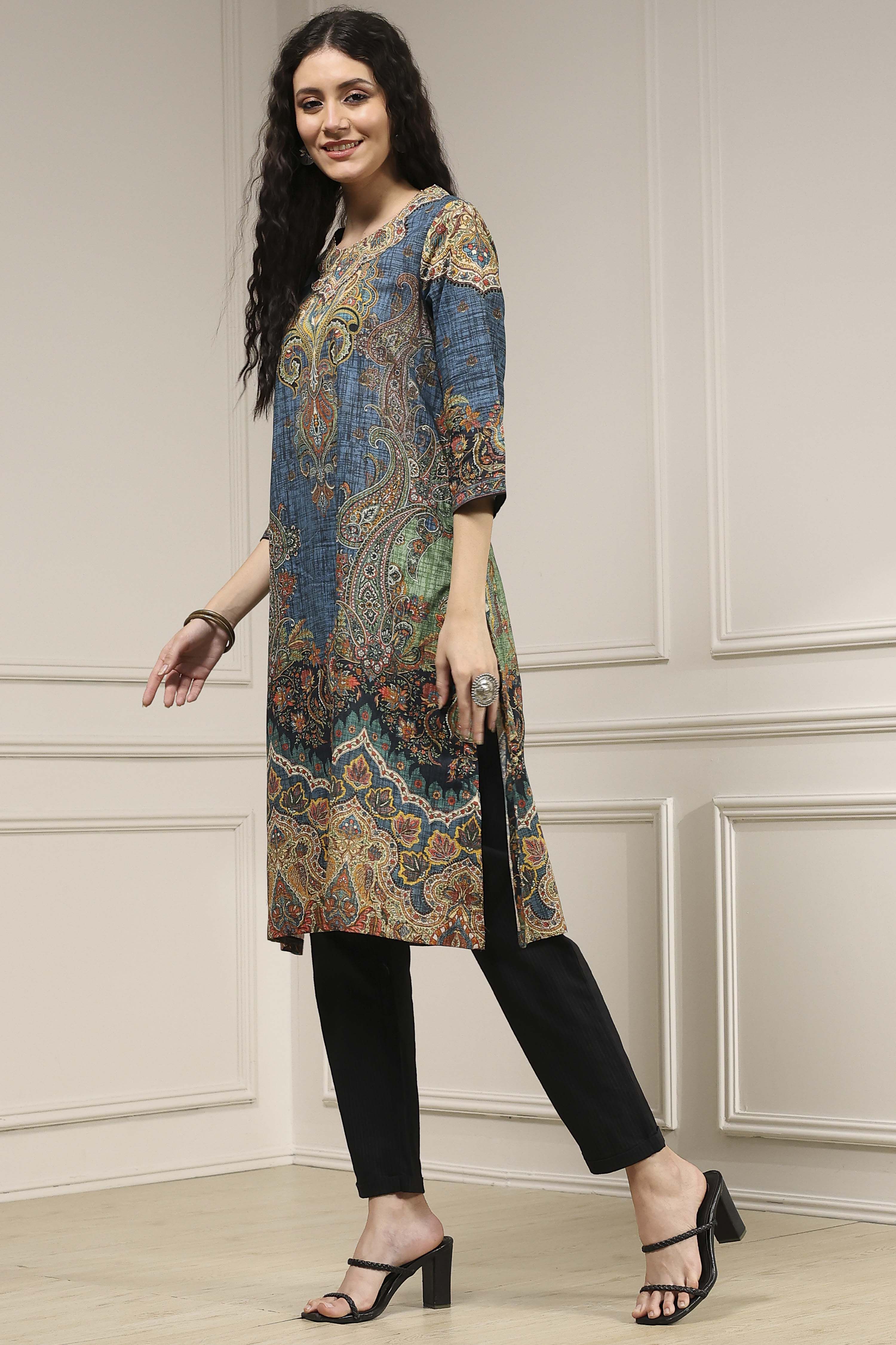 Blue Cotton Printed Straight Kurta image number 2