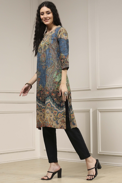 Blue Cotton Printed Straight Kurta image number 2