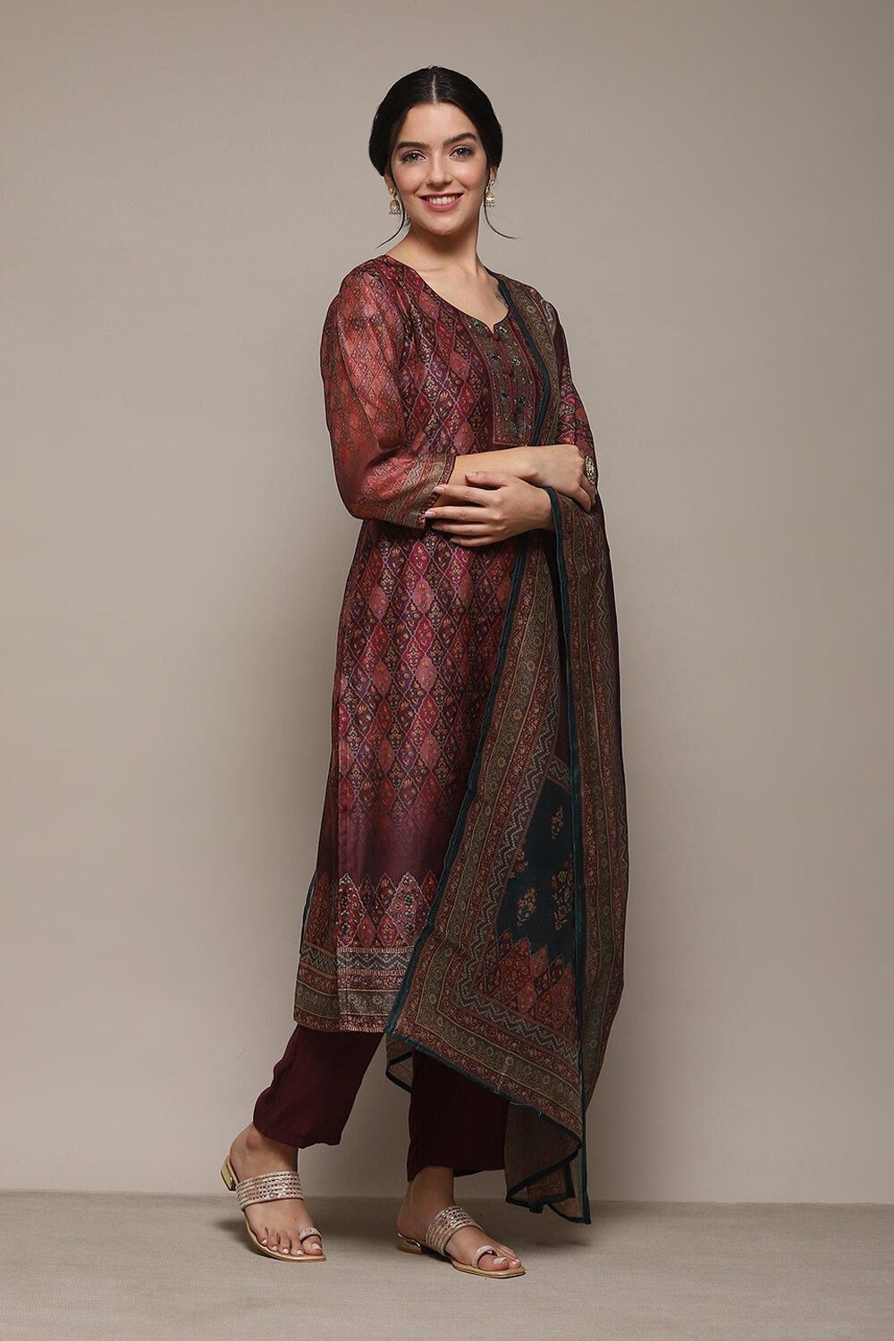 Wine Chanderi Unstitched Suit Set image number 7