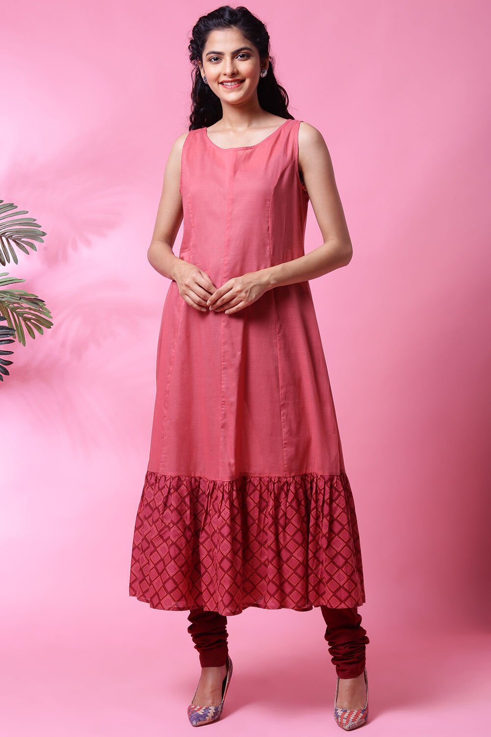 Maroon Cotton Double Layered Kurta Churidar Suit Set image number 6