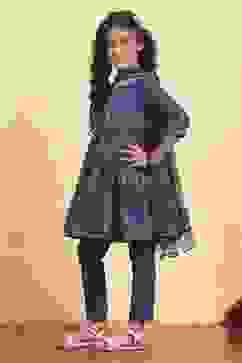 Blue Cotton Tiered Printed Kurta Churidar Set image number 3