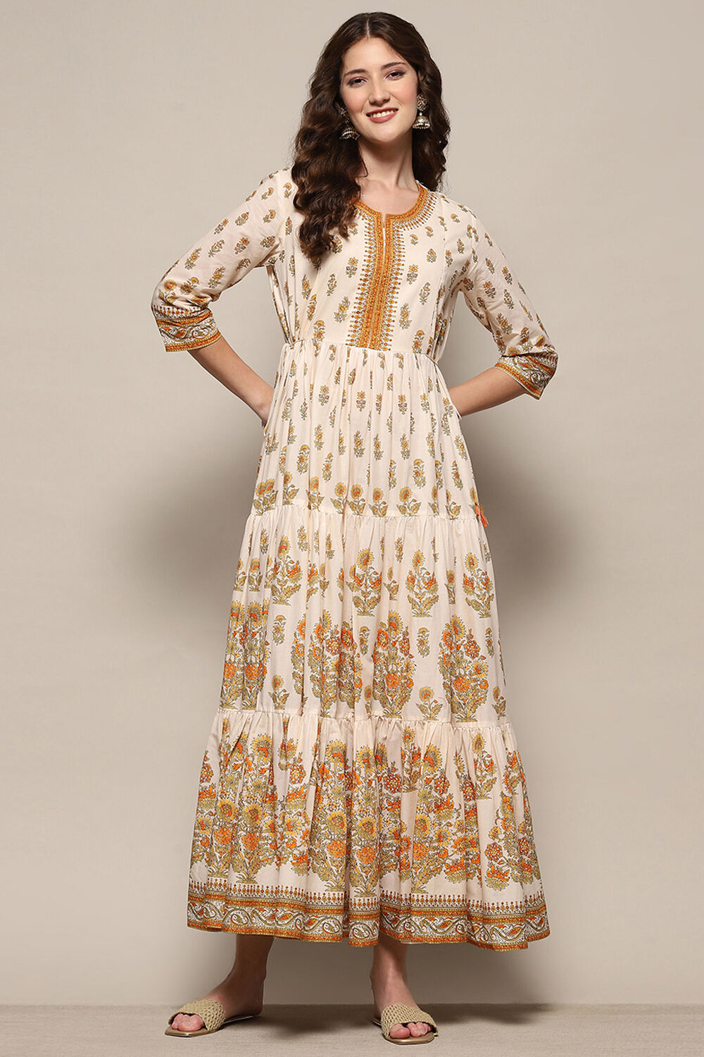Beige Pure Cotton Printed Tiered Dress image number 0