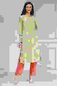 Yellow Cotton Blend Printed Straight Kurta image number 5