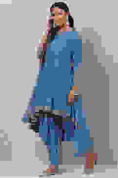 Blue Art Silk Asymmetric Kurta Salwar Suit Set image number 5