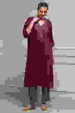 Purple Satin Solid Kaftan-Style Kurta Set image number 6