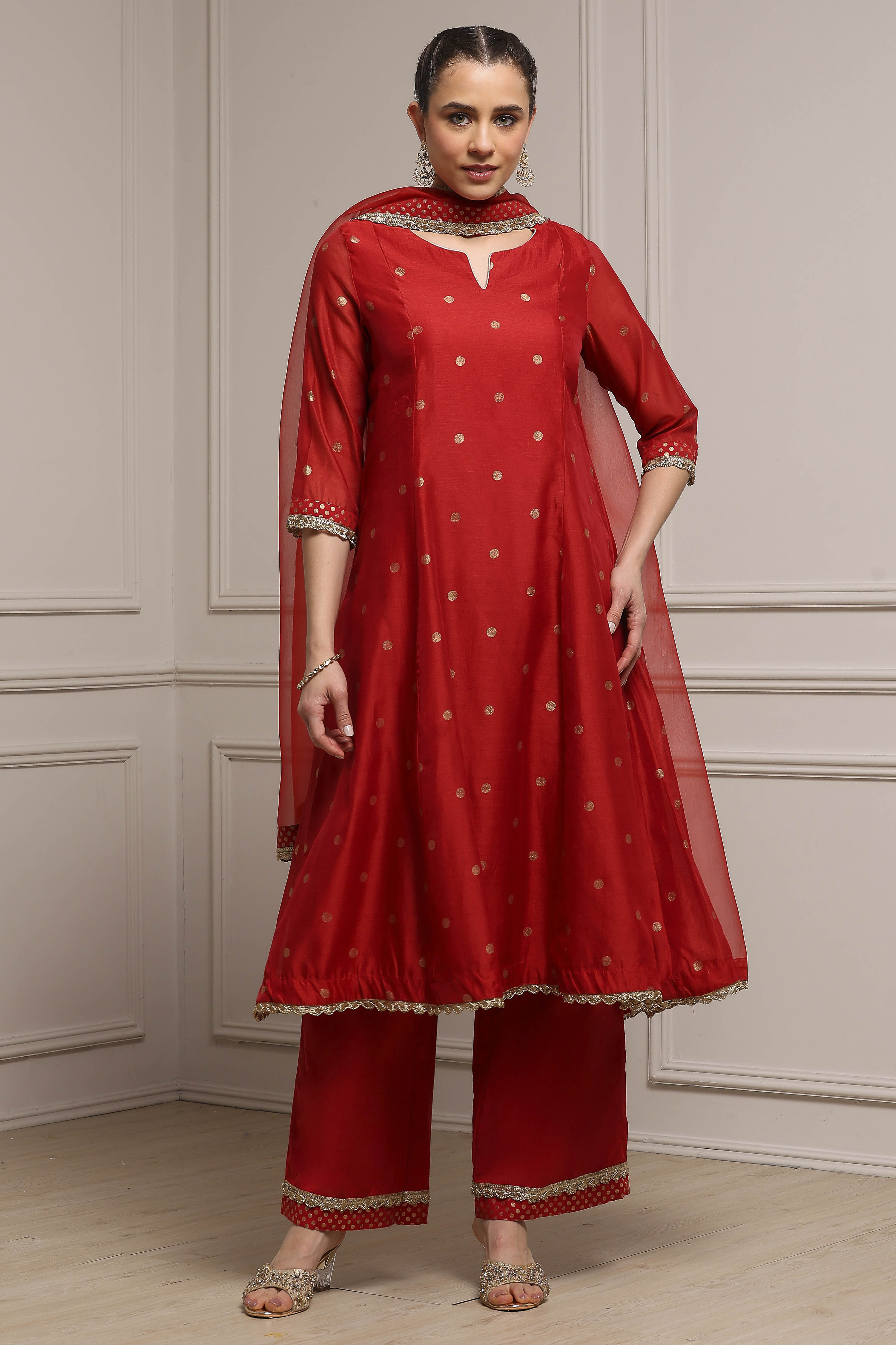 Red Polyester Kalidar Printed Suit Set image number 6