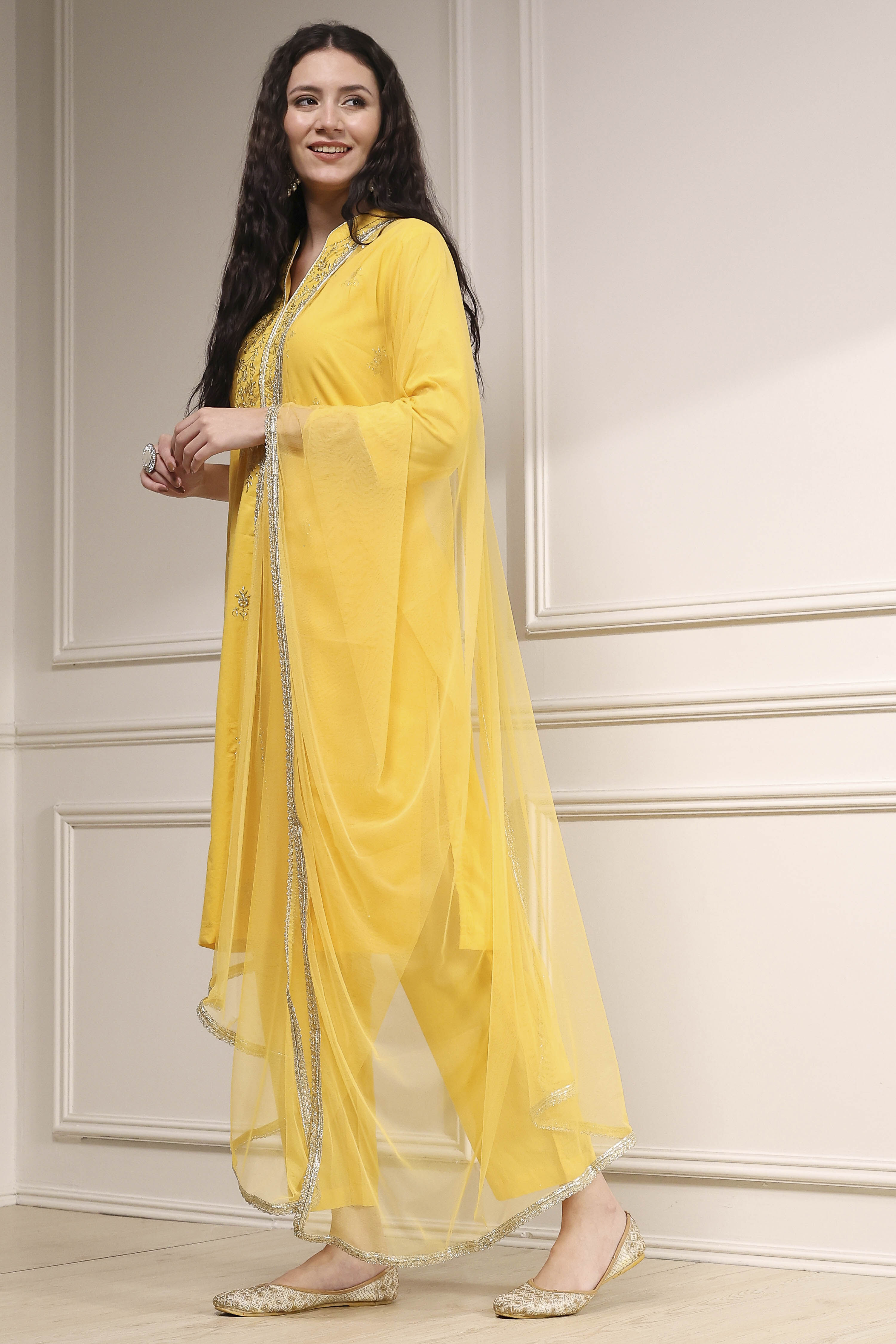 Yellow Cotton Embroidered Straight Suit Set image number 3