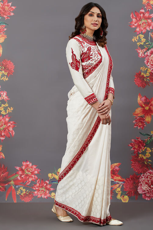 Rohit Bal Off White Chanderi Silk Solid Saree With Blouse image number 3